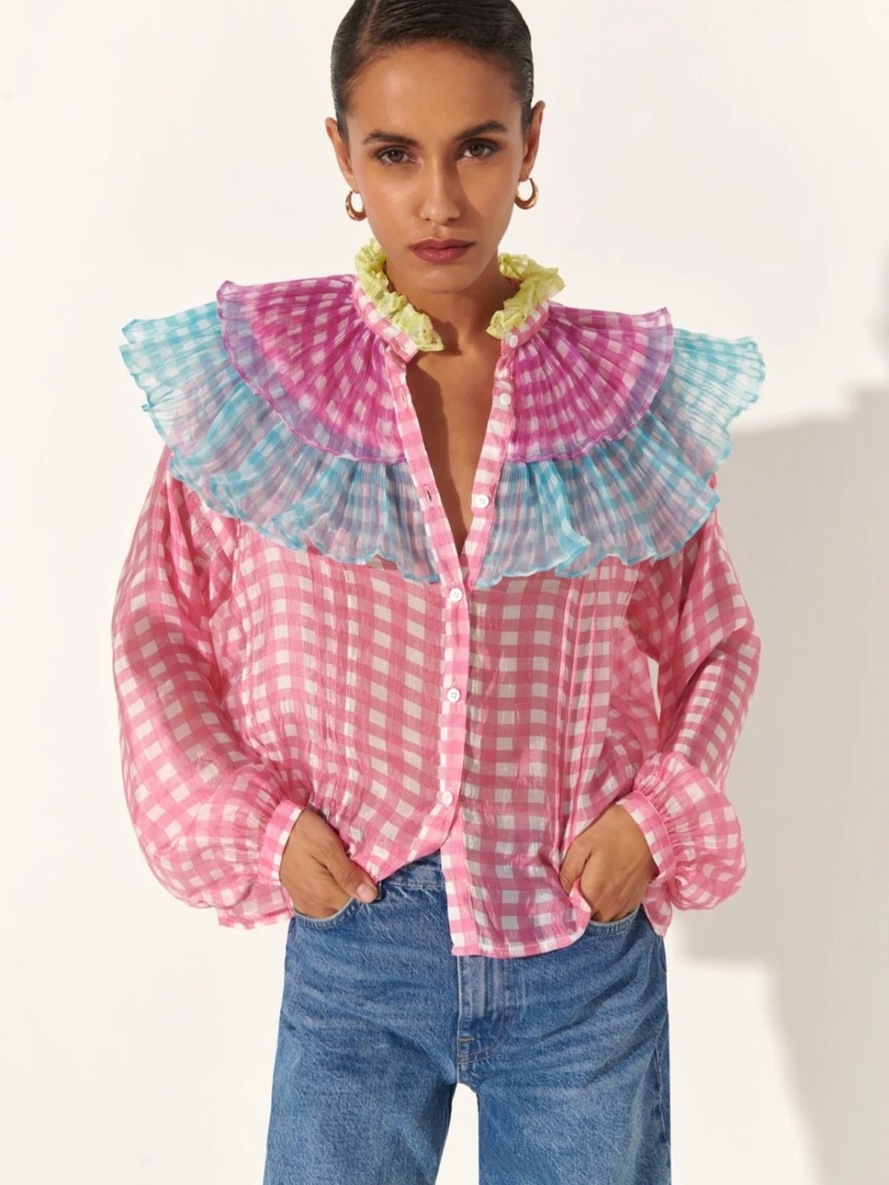 Celia B Covadonga Shirt Pink Gingham Ruffles $255 Boutique Coquette Flirty Small